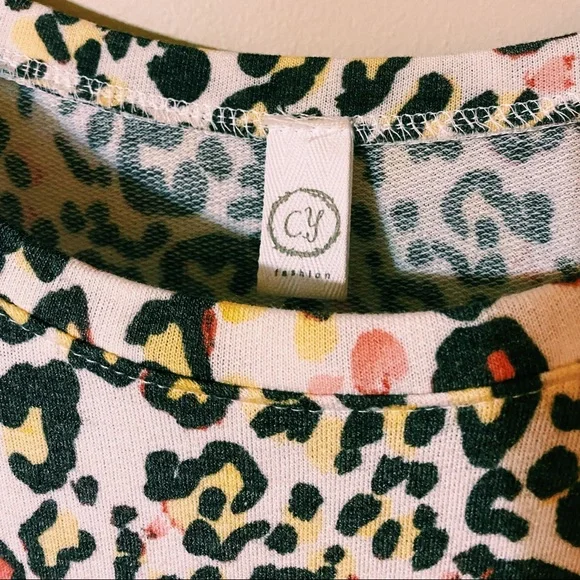 CY Fashion Leopard Print Top With Puffy Sleeves Yellow Pink White Black Large - Picture 3 of 7